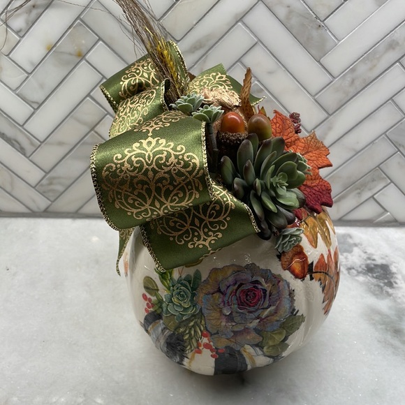 Mackenzie-Childs napkin decoupaged on pumpkin